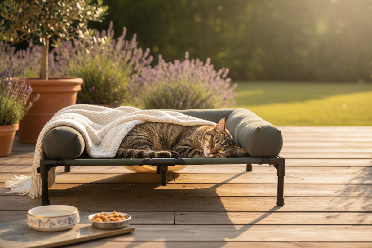 Cat lounging on elevated pet bed outdoors – Velora Pets