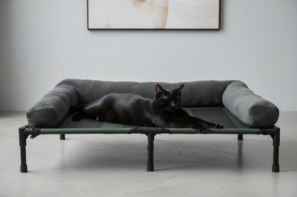 Cat relaxing on elevated cooling bed with bolster – Velora Pets
