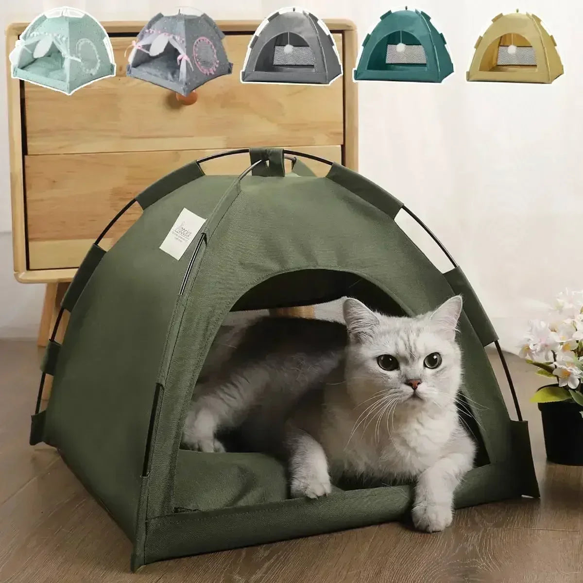VELORA™ Canvas Pet Tent Bed – Semi-Enclosed Cat & Dog House