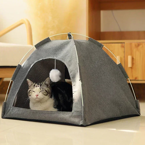 VELORA™ Canvas Pet Tent Bed – Semi-Enclosed Cat & Dog House