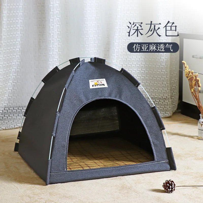VELORA™ Canvas Pet Tent Bed – Semi-Enclosed Cat & Dog House