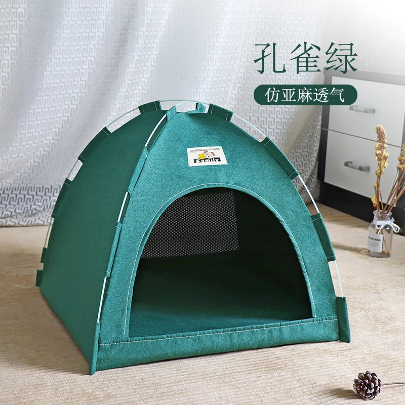 VELORA™ Canvas Pet Tent Bed – Semi-Enclosed Cat & Dog House